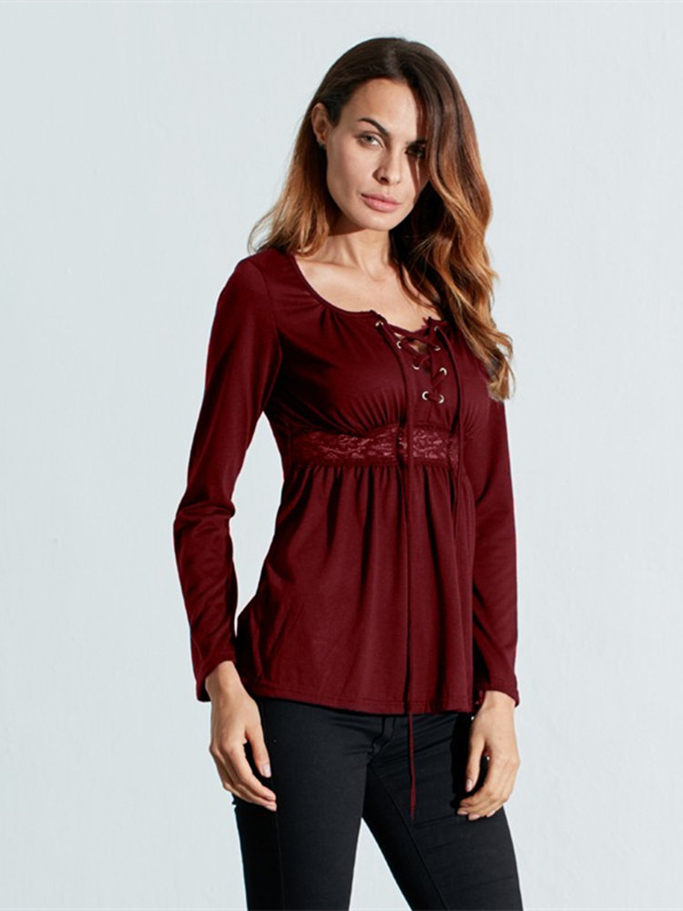 Women V-Neck Lace-up Floral Peplum Long Sleeve Shirts