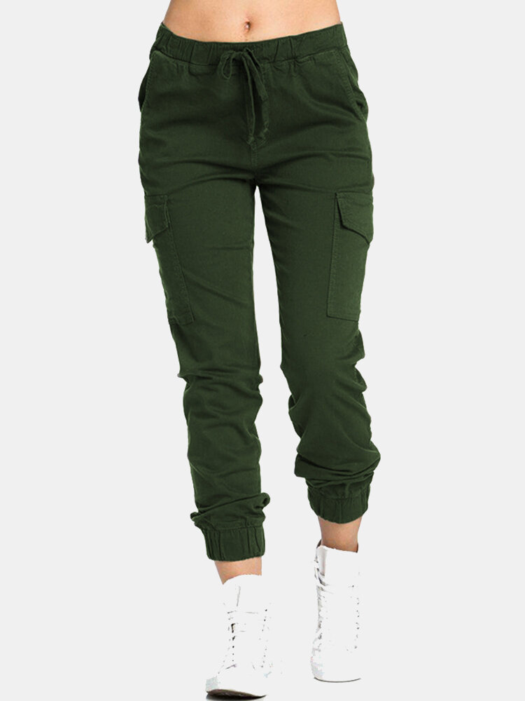 Elastic Drawstring Waist Solid Color Casual Pants For Women